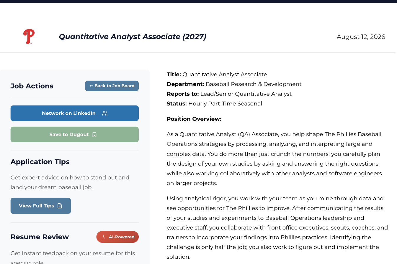 A live job listing — Quantitative Analyst Associate (2027), Philadelphia Phillies — with the Job Actions sidebar: Network on LinkedIn, Save to Dugout, Application Tips, and the AI-powered Resume Review