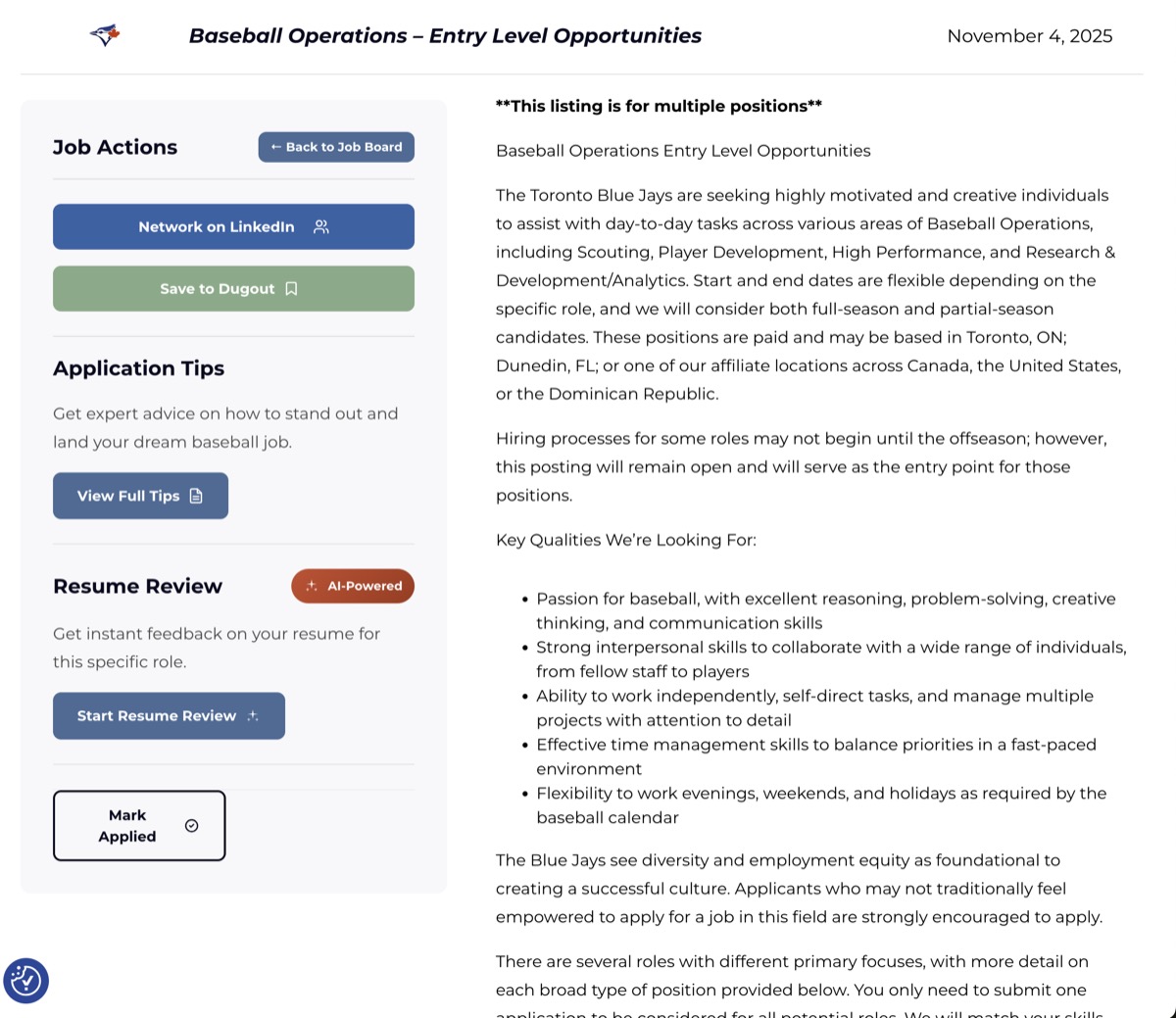A job listing — Baseball Operations, Entry Level Opportunities, Toronto Blue Jays — with its Job Actions sidebar; the AI-powered Resume Review button is where the process starts
