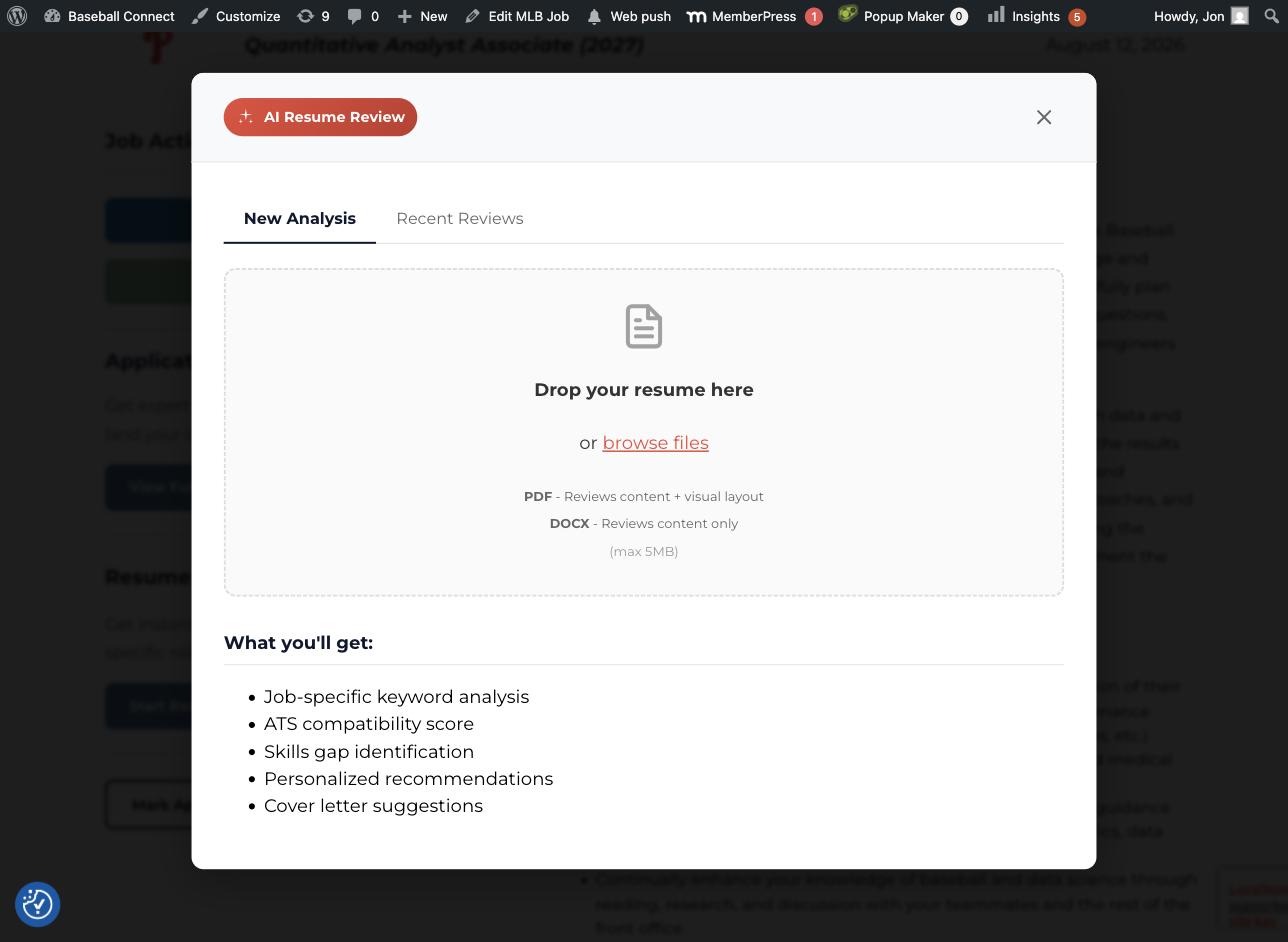 The AI Resume Review modal's upload step: a drag-and-drop zone for the member's resume alongside a 'What you'll get' list previewing the analysis