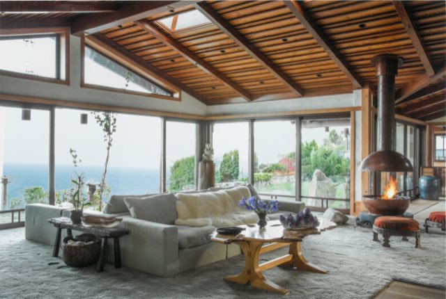 Ocean living room with suspended fireplace